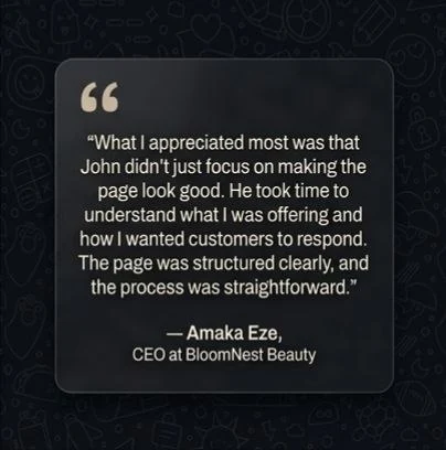 Amaka Eze, CEO at BloomNest Beauty — client testimonial